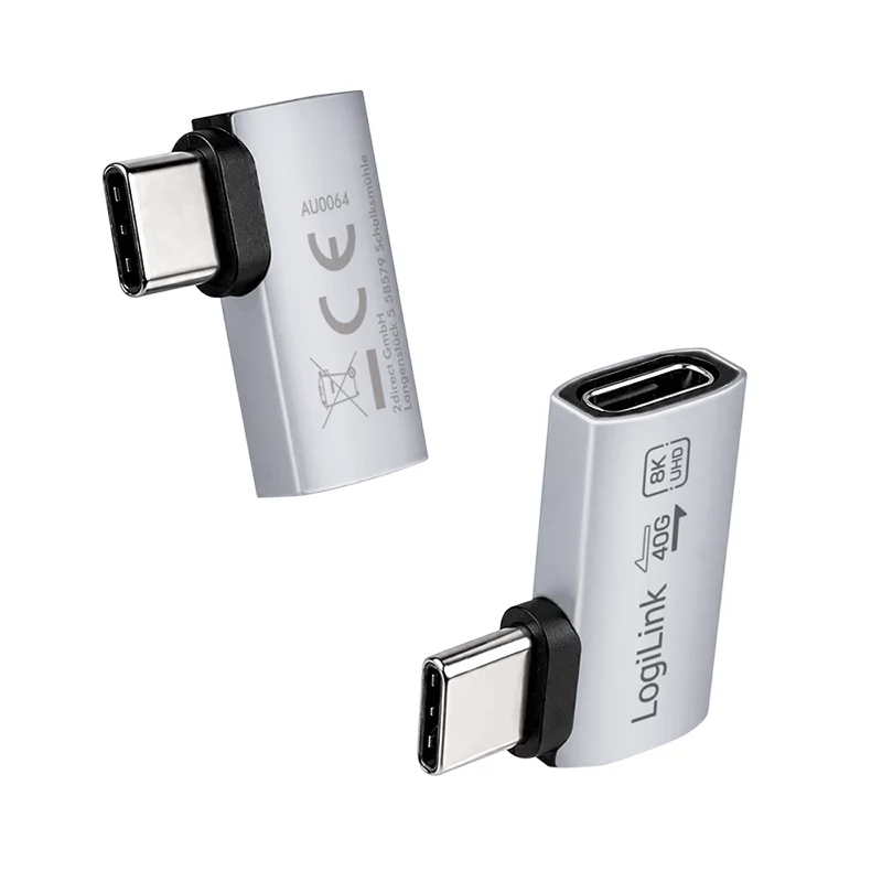 LogiLink USB4 Type-C 90° adapteris, C/M į C/F, 40 Gbps, 240W, 8K/60Hz, aliuminis, sidabrinis