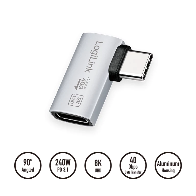 LogiLink USB4 Type-C 90° adapteris, C/M į C/F, 40 Gbps, 240W, 8K/60Hz, aliuminis, sidabrinis