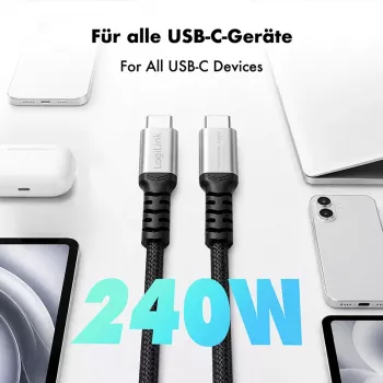 LogiLink USB 2.0 Type-C į Type-C laidas, 240W PD, 480 Mbps, nailono pynė, metalinės jungtys, juodos/sidabrinės spalvos, 1 m