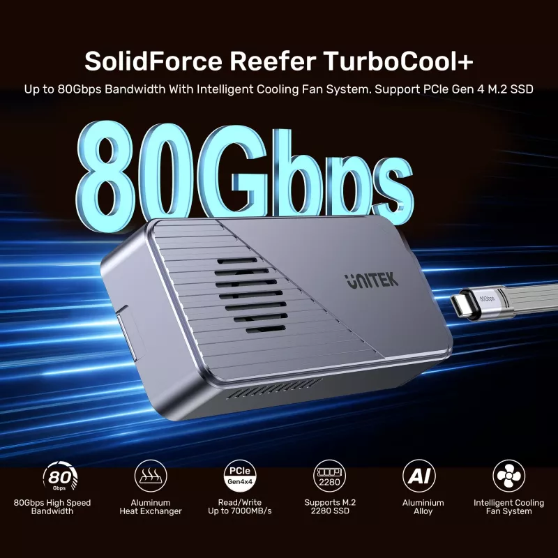 UNITEK USB4 M.2 NVMe SSD korpusas su aktyviu aušinimu, 80Gbps, be įrankių, aliumininis, USB-C