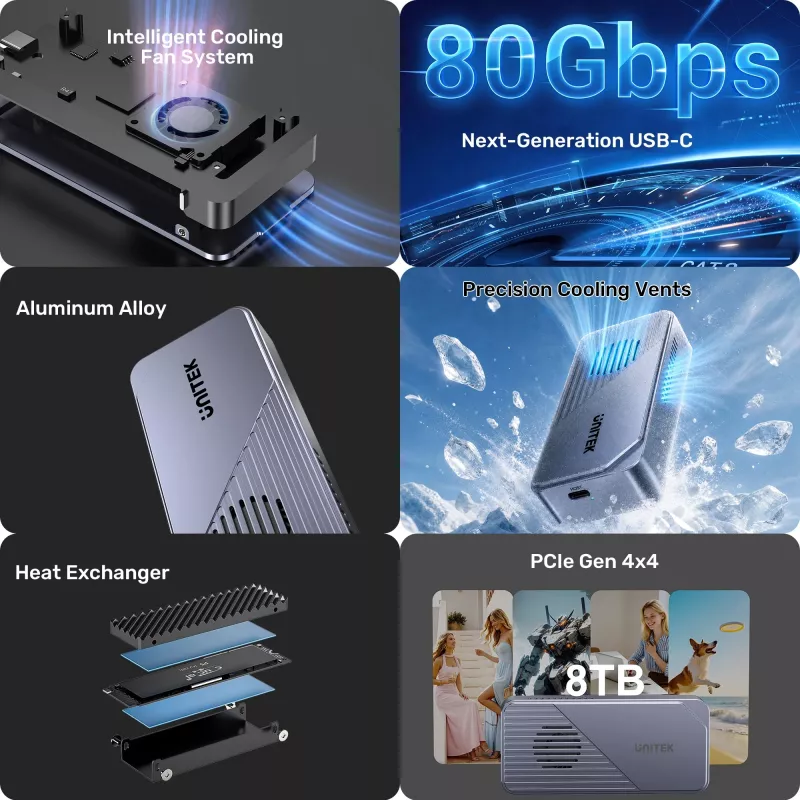 UNITEK USB4 M.2 NVMe SSD korpusas su aktyviu aušinimu, 80Gbps, be įrankių, aliumininis, USB-C