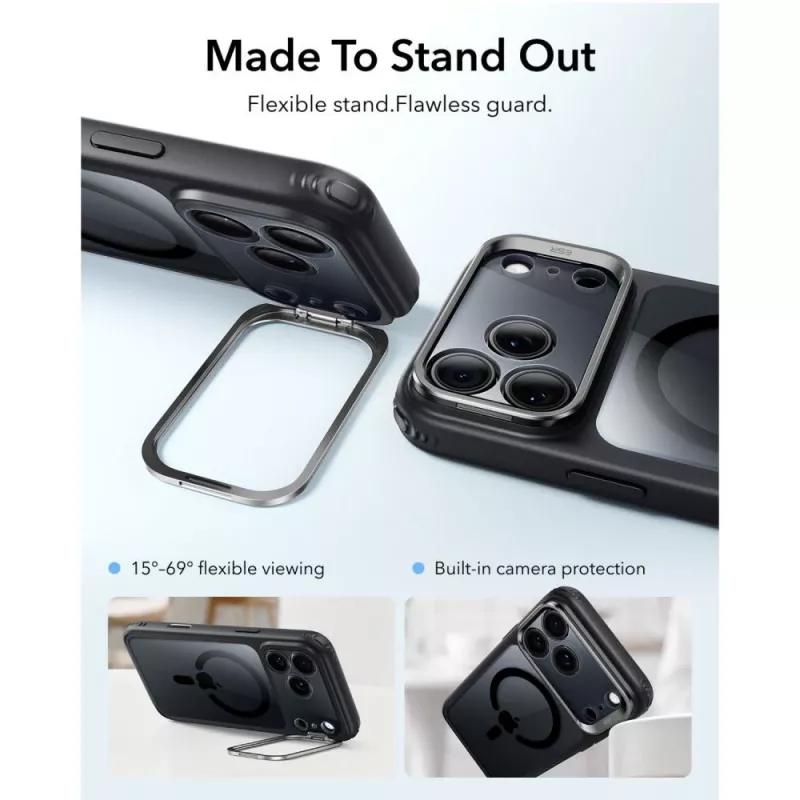 ESR Classic Hybrid Kickstand MagSafe dėklas, skirtas iPhone 17 Pro / 18 Pro, skaidrus/juodas
