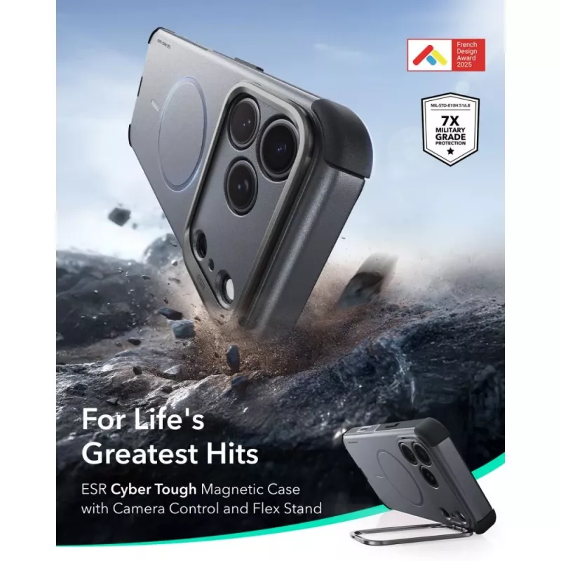 ESR Cyber Tough Kickstand MagSafe dėklas, skirtas iPhone 17 Pro / 18 Pro, pilkas
