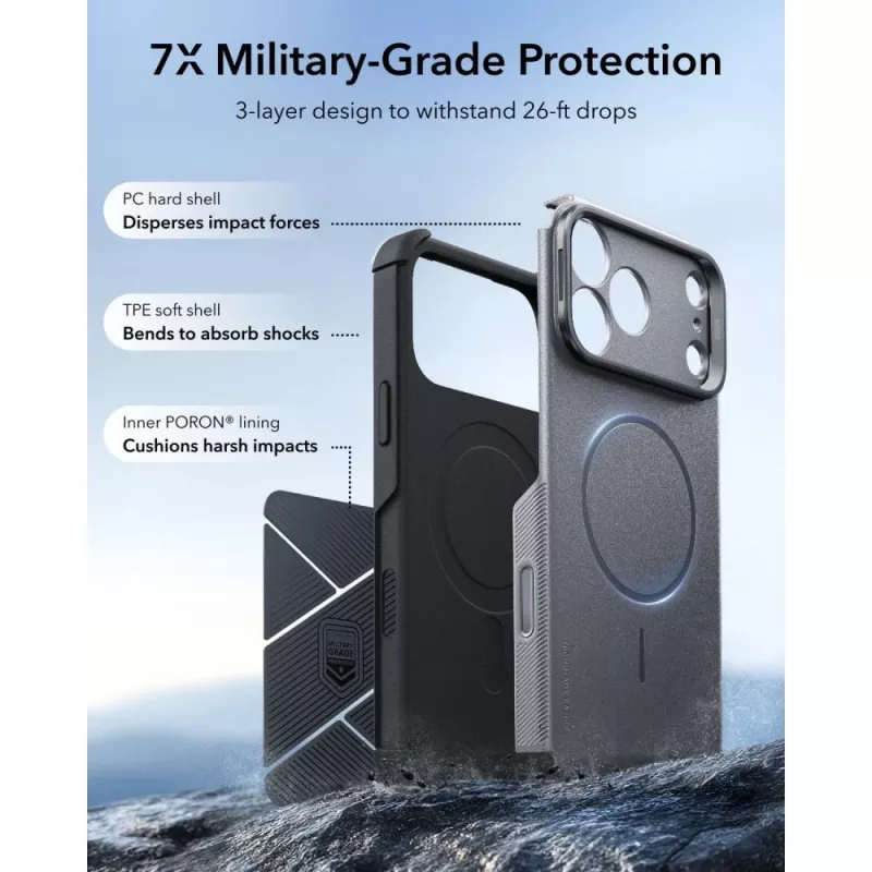 ESR Cyber Tough Kickstand MagSafe dėklas, skirtas iPhone 17 Pro / 18 Pro, pilkas