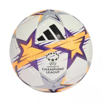 adidas UCL Women's Pro 26/27 League Stage futbolo kamuolys, 5 dydis, baltas/oranžinis/violetinis