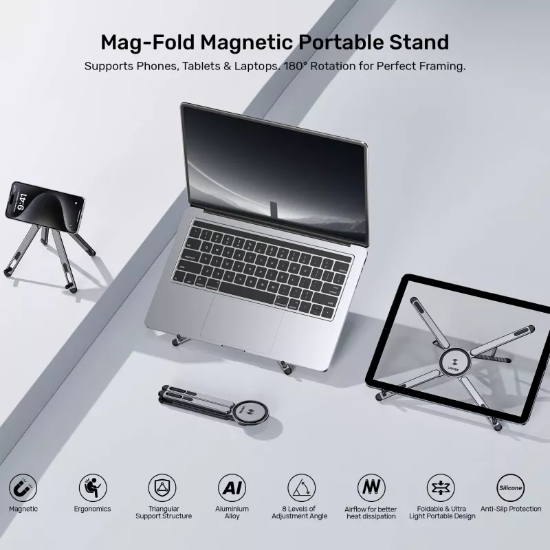 UNITEK Mag-Fold Sulankstomas magnetinis stovas telefonui, planšetei ir nešiojamam kompiuteriui su trikojo funkcija, Space Grey