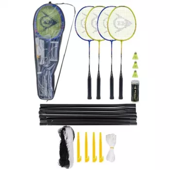 Dunlop Nitro 4 badmintono rinkinys - 4 grūdinto plieno raketės, 3 nailono volanai, krepšys
