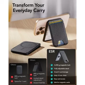 ESR Classic RFID magnetinė piniginė su stoveliu, MagSafe, anglies pluošto juoda