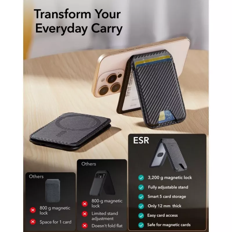 ESR Classic RFID magnetinė piniginė su stoveliu, MagSafe, anglies pluošto juoda