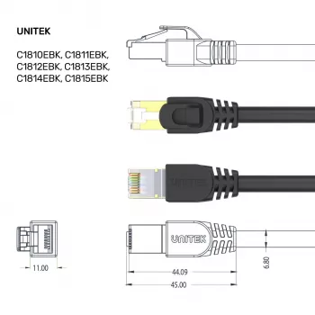 UNITEK Cat.7 S/FTP 2,0 m Ethernet patch kabelis, 10Gbps, 600MHz, auksu dengti RJ45, juodas