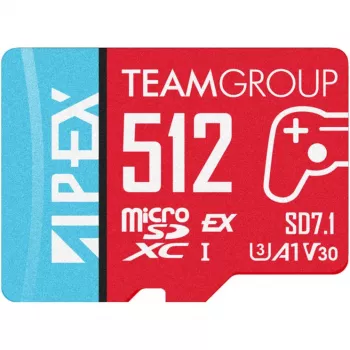 TEAM GROUP APEX SD7.1 512GB microSDXC atminties kortelė, SD Express 7.1, PCIe Gen3 x1, NVMe, skaitymas 800MB/s, rašymas 700MB/s, juoda/raudona