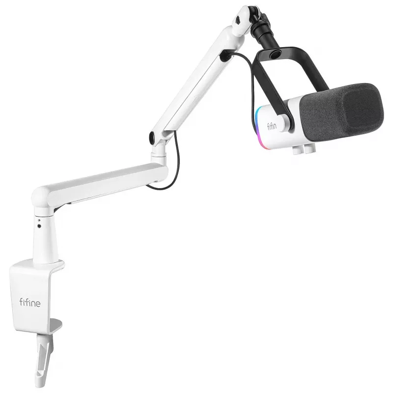 FIFINE TAM8W dinaminis XLR/USB podcast mikrofonas su stovo ranka, baltas