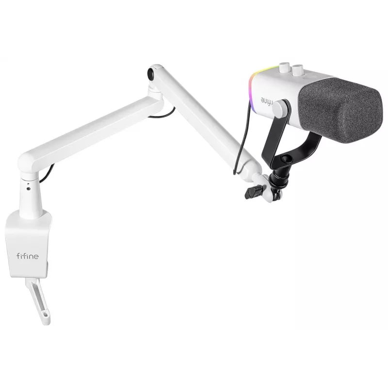 FIFINE TAM8W dinaminis XLR/USB podcast mikrofonas su stovo ranka, baltas