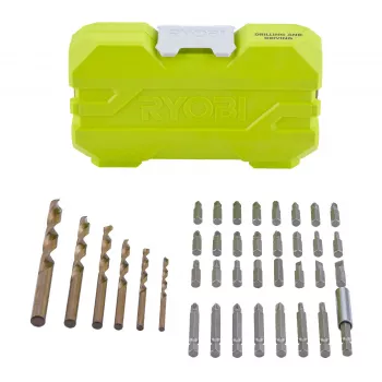 Ryobi RAK38SDD 38 dalių gręžimo ir sukimų rinkinys su 24 x 25 mm atsuktuvų antgaliais, HSS ir mūro antgaliais, veržliarakčiais, magnetiniu laikikliu ir dėklu