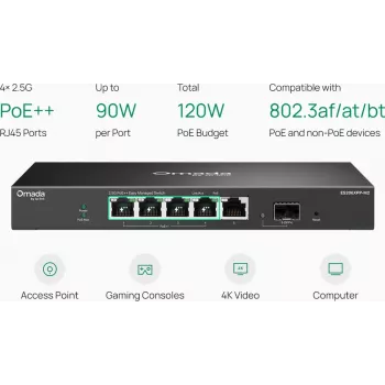 TP-Link Omada ES206XPP-M2 5 prievadų 2,5G PoE++ valdomas komutatorius su 10G SFP+ jungtimi