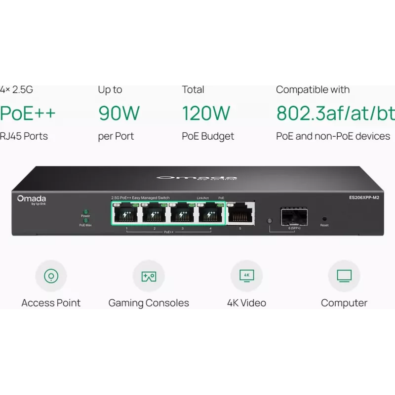 TP-Link Omada ES206XPP-M2 5 prievadų 2,5G PoE++ valdomas komutatorius su 10G SFP+ jungtimi