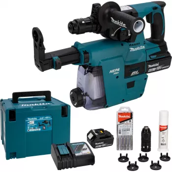 Makita DHR243JWX2 18V bešepetėlis SDS-Plus 3 režimų akumuliatorinis rotacinis plaktukas su 2x 5.0Ah baterijomis, įkrovikliu ir Makpac dėklu