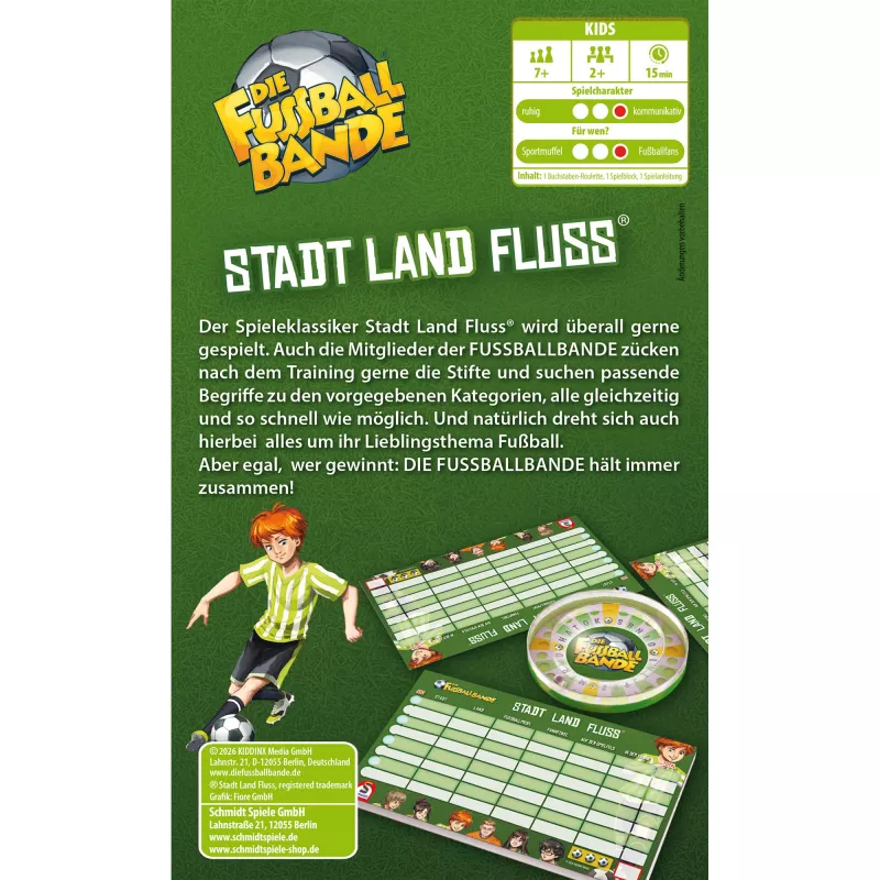 SCHMIDT SPIELE DIE FUSSBALLBANDE: Stadt, Land, Fluss – futbolo tematikos žodžių žaidimo bloknotas
