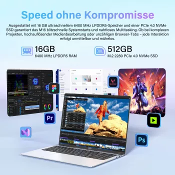 GEEKOM GeekBook M16 16 colių nešiojamas kompiuteris Intel Core Ultra 9 185H 16GB RAM 512GB SSD Windows 11 Pro sidabrinis