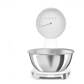 Smeg KSF01WHWW 50-ųjų stiliaus mechaninės virtuvinės svarstyklės su nerūdijančio plieno dubeniu, 5 kg talpa, baltos