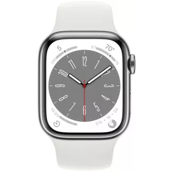 Apple Watch Series 8 GPS + Cellular 41mm nerūdijančio plieno korpusas su sportine apyranke, sidabrinė/balta (MNJ53EL/A)