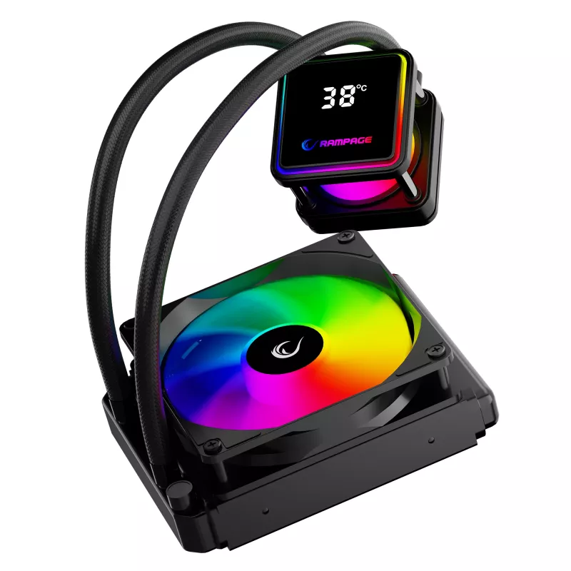 Rampage INFINITE V120 ARGB 120 mm skysčio aušintuvas CPU su temperatūros ekranu, juodas