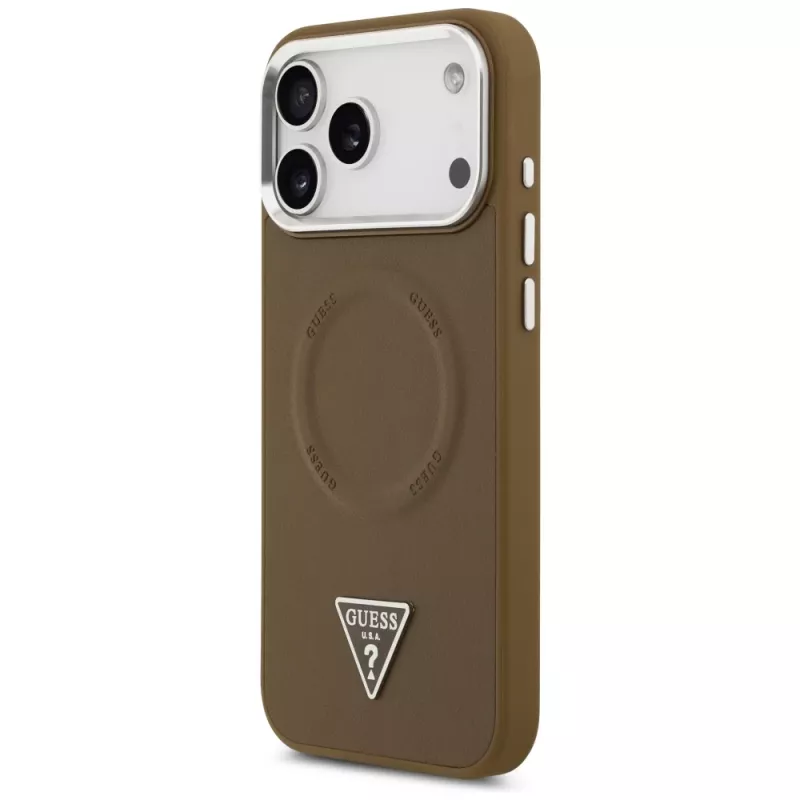 Guess Triangle Logo MagSafe dėklas, skirtas iPhone 17 Pro (rudas)