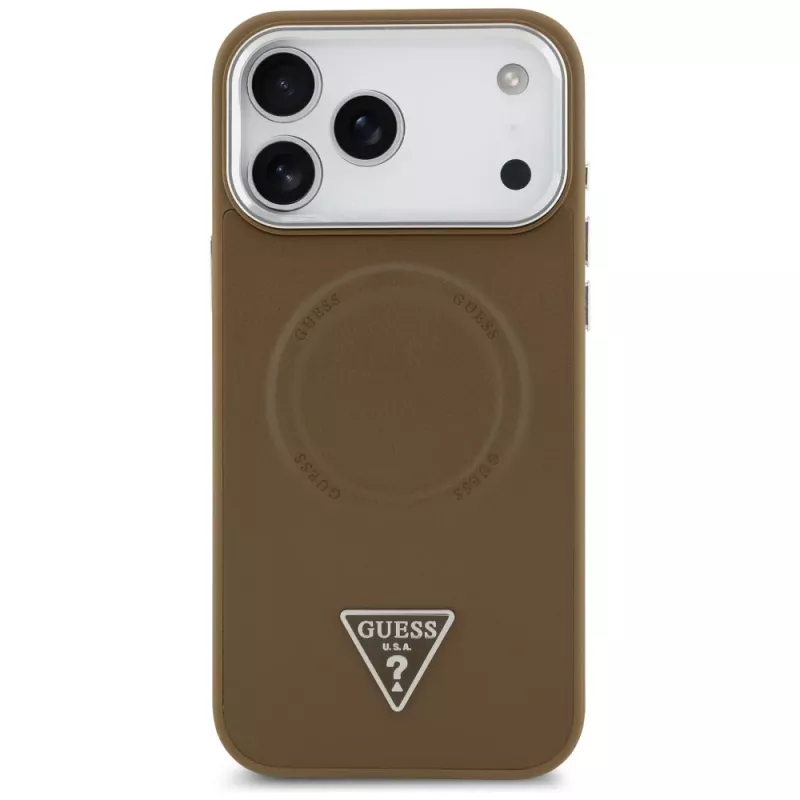 Guess Triangle Logo MagSafe dėklas, skirtas iPhone 17 Pro (rudas)