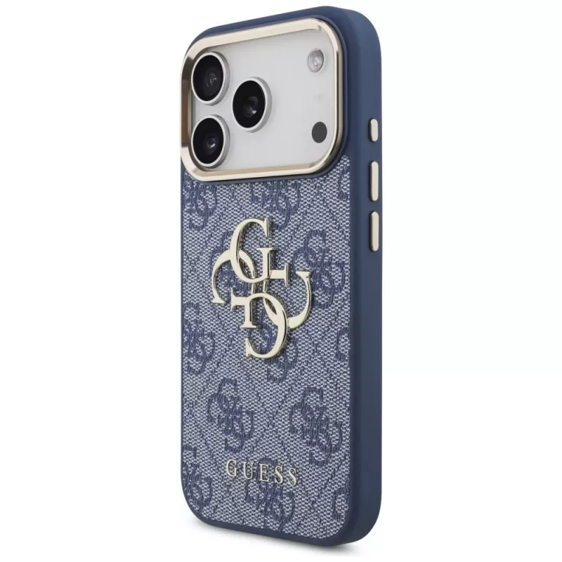 Guess 4G Classic Logo dėklas, skirtas Apple iPhone 18 Pro / 17 Pro, mėlynas su aukso akcentais