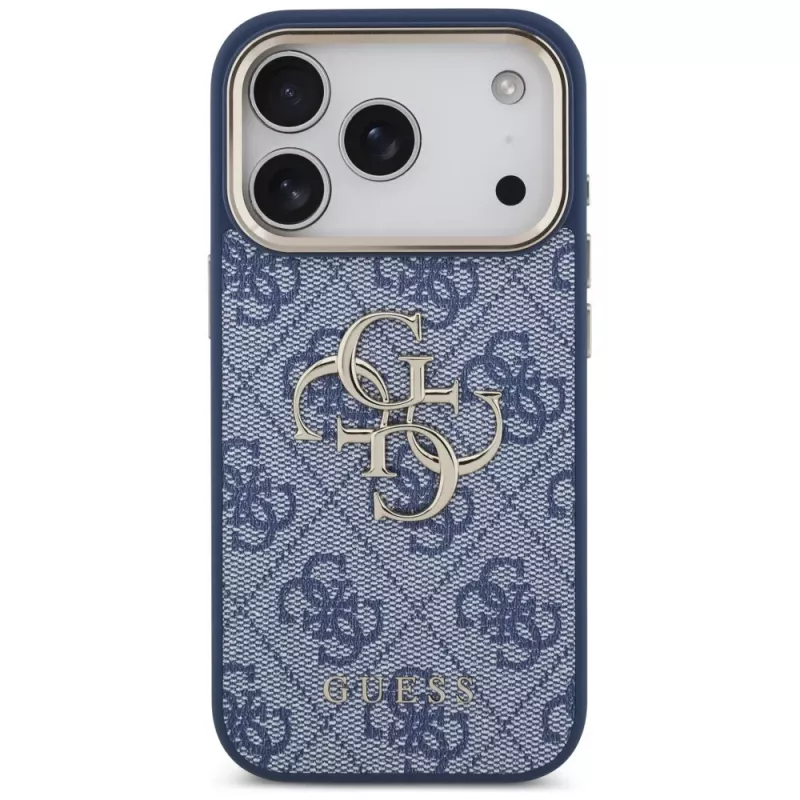 Guess 4G Classic Logo dėklas, skirtas Apple iPhone 18 Pro / 17 Pro, mėlynas su aukso akcentais