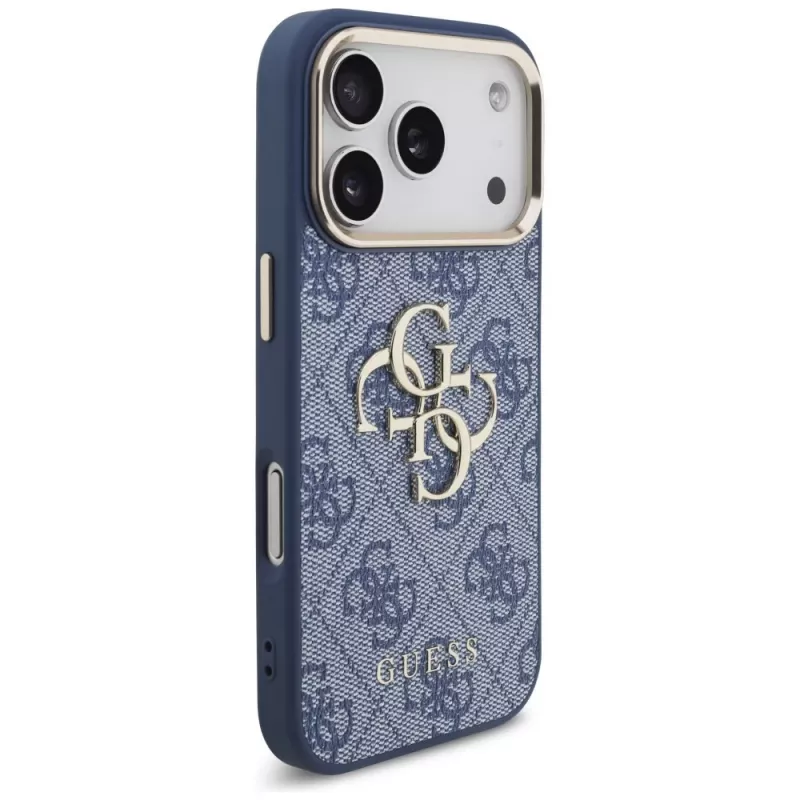 Guess 4G Classic Logo dėklas, skirtas Apple iPhone 18 Pro / 17 Pro, mėlynas su aukso akcentais