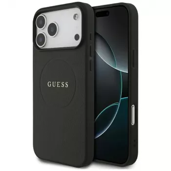 Guess Grained Gold Ring MagSafe dėklas, skirtas Apple iPhone 18 Pro Max / 17 Pro Max, juodas