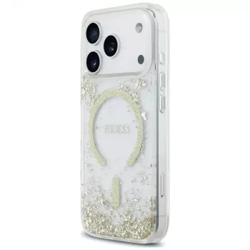 Guess Resin Bottom Glitter MagSafe dėklas, skirtas iPhone 18 Pro / 17 Pro, auksinis