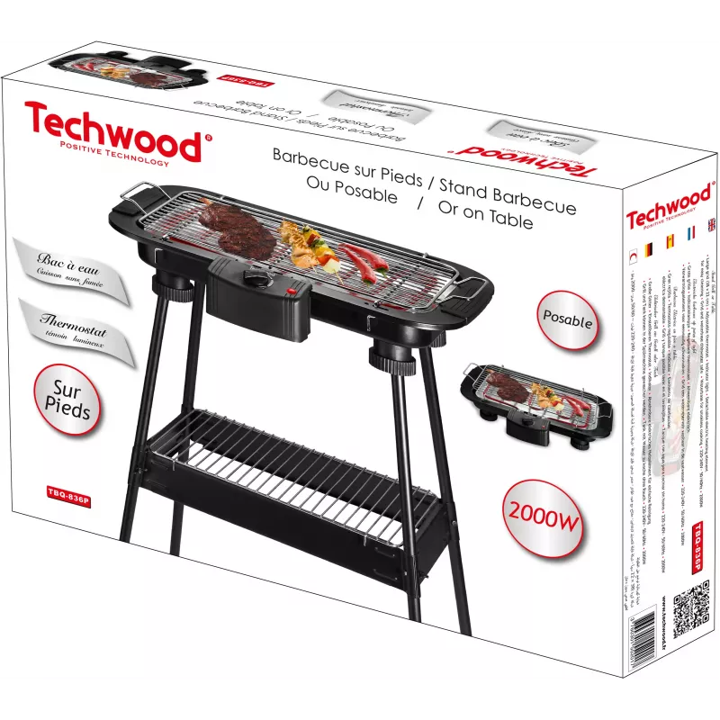 Techwood TBQ-836P elektrinis kepsninės grilis su trikojž stovu, 2000W, 36,5 cm chromuota grotelė, juoda