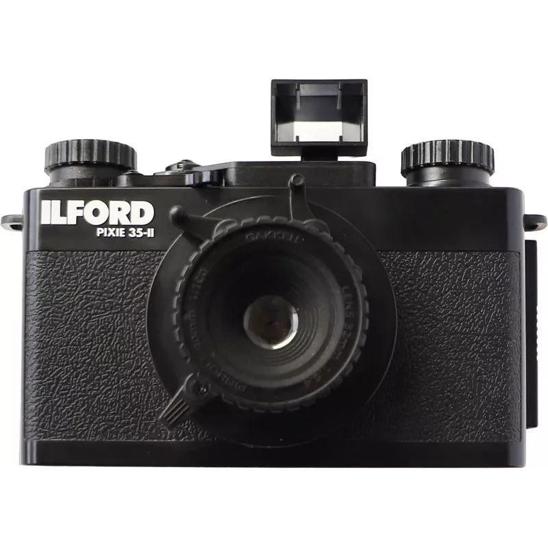 ILFORD PIXIE 35mm juostinis fotoaparatas – sidabrinis/juodas, su blykste ir automatiniu fokusavimu