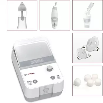 Rossmax NK1000 3-in-1 kompresorinis purkštuvas su nosies praplovimu ir aspiratoriumi, 2,5 μm dalelių dydis, >80% smulkiųjų dalelių dozė, 0,35 ml/min purškimo greitis, 5 ml vaistų talpa, 10 ml nosies praplovimo talpa, <60 dB triukšmas, nepertraukiamas darb