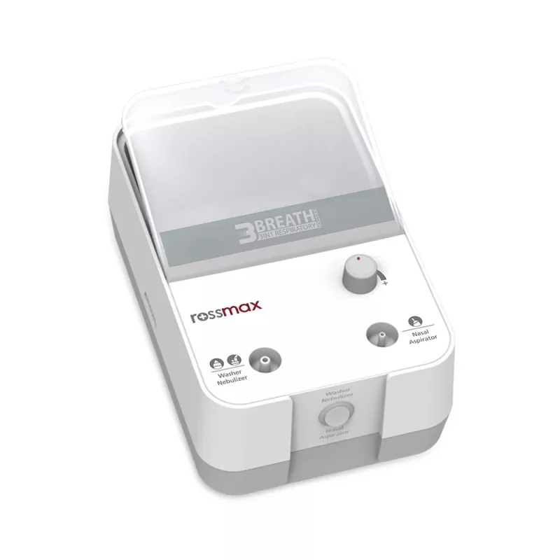 Rossmax NK1000 3-in-1 kompresorinis purkštuvas su nosies praplovimu ir aspiratoriumi, 2,5 μm dalelių dydis, >80% smulkiųjų dalelių dozė, 0,35 ml/min purškimo greitis, 5 ml vaistų talpa, 10 ml nosies praplovimo talpa, <60 dB triukšmas, nepertraukiamas darb