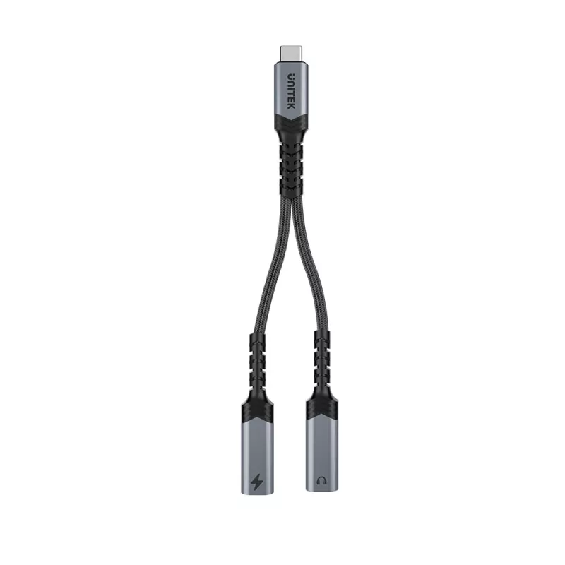Unitek USB-C garso ir įkrovimo adapteris su 60W Power Delivery, 15 cm, kosminė pilka
