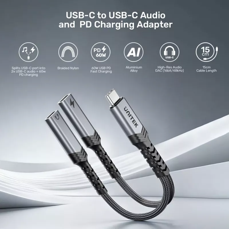 Unitek USB-C garso ir įkrovimo adapteris su 60W Power Delivery, 15 cm, kosminė pilka