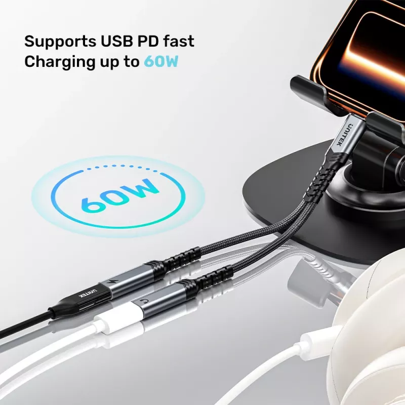 Unitek USB-C garso ir įkrovimo adapteris su 60W Power Delivery, 15 cm, kosminė pilka