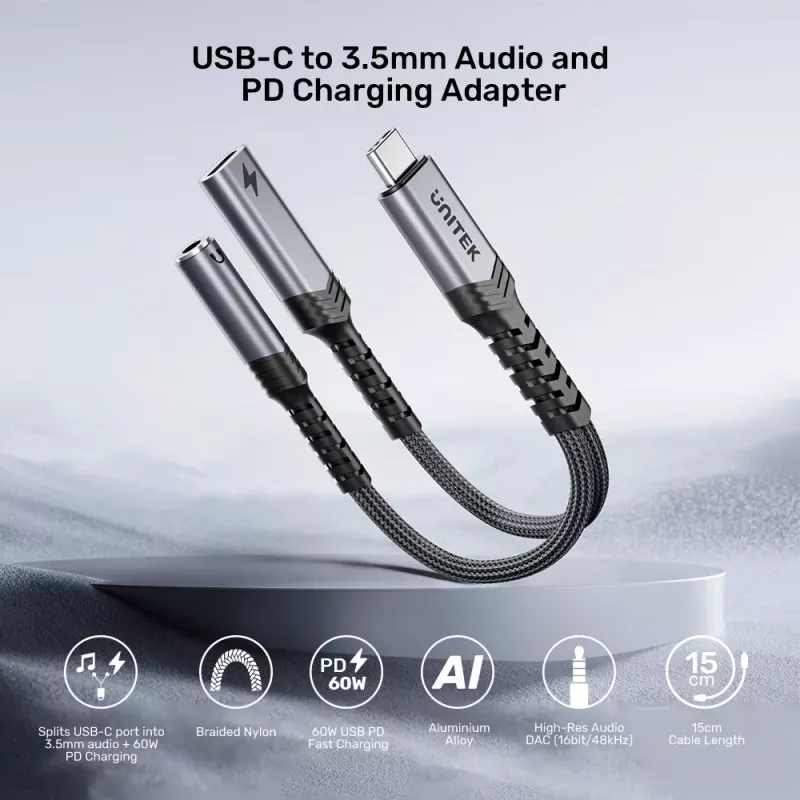 UNITEK USB-C į 3,5 mm garso adapteris su Power Delivery 60W, DAC 24-bit/96kHz, juodas