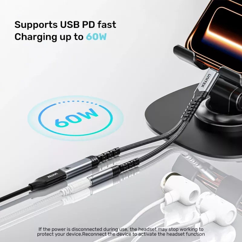 UNITEK USB-C į 3,5 mm garso adapteris su Power Delivery 60W, DAC 24-bit/96kHz, juodas