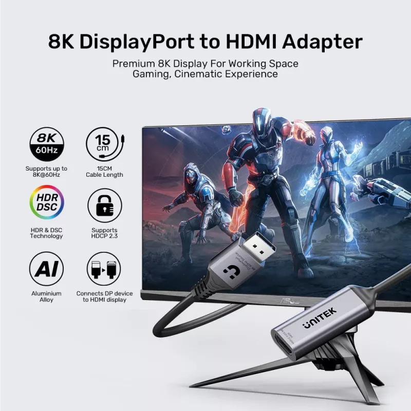 UNITEK DisplayPort į HDMI 2.1 adapteris 8K@60Hz HDR 48Gbps 15cm