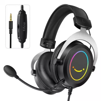 FIFINE H3 AmpliGame RGB laidinis ausinių su nuimamu mikrofonu, 50 mm tvarkyklės, USB-A, juodos spalvos