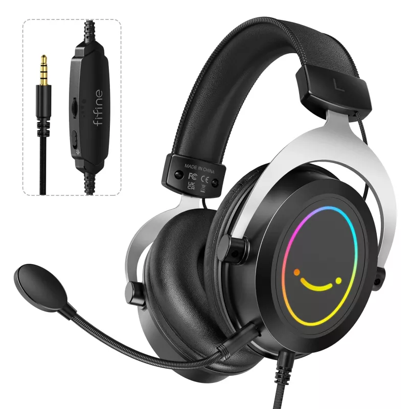 FIFINE H3 AmpliGame RGB laidinis ausinių su nuimamu mikrofonu, 50 mm tvarkyklės, USB-A, juodos spalvos