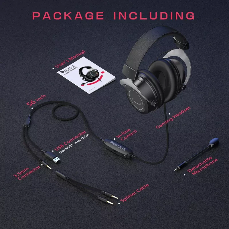 FIFINE H3 AmpliGame RGB laidinis ausinių su nuimamu mikrofonu, 50 mm tvarkyklės, USB-A, juodos spalvos