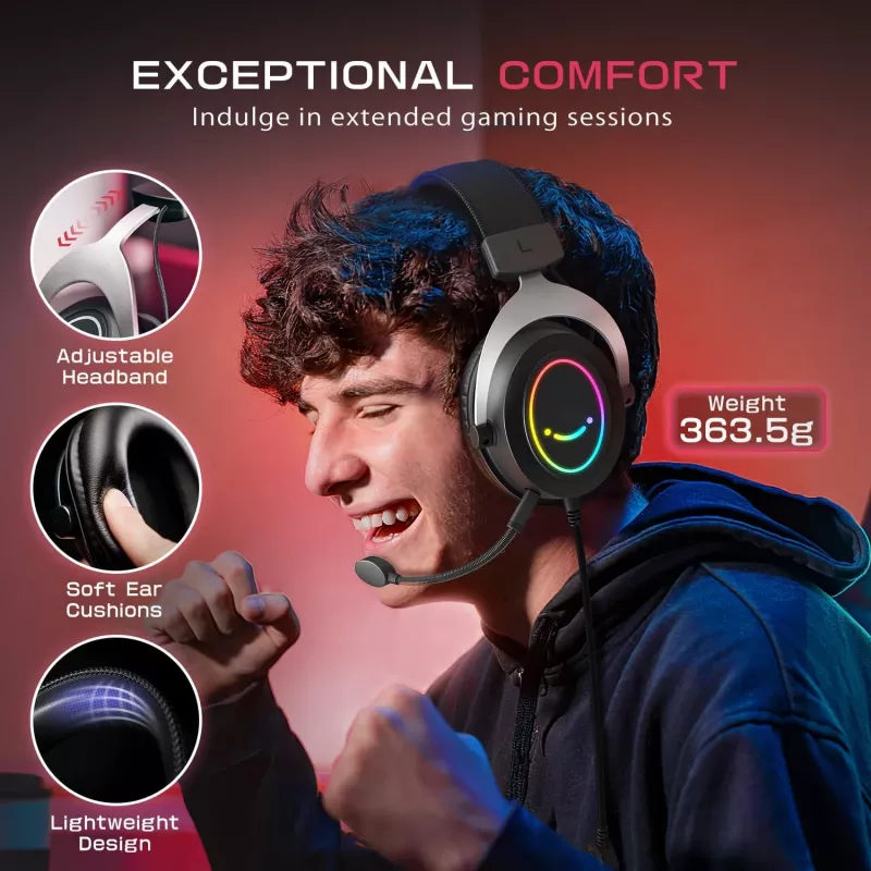 FIFINE H3 AmpliGame RGB laidinis ausinių su nuimamu mikrofonu, 50 mm tvarkyklės, USB-A, juodos spalvos