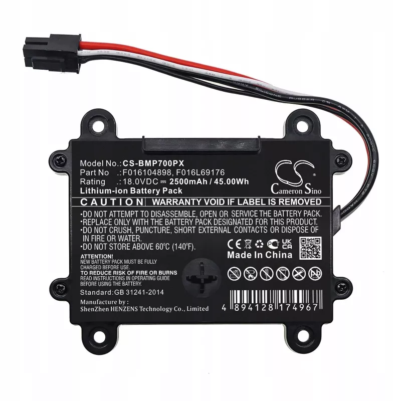 Cameron Sino 18V 2500mAh ličio jonų baterija Bosch Indego S+ 350, 400, 500 robotinėms vejapjovėms (pakeičia F016104898, F016L69176)