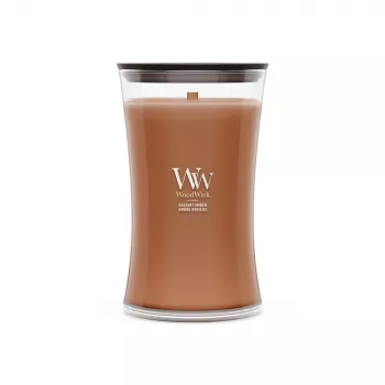 WoodWick Radiant Amber 609,5g kvapioji žvakė su mediniu dagčiu, iki 180 valandų degimo, smėlio laikrodžio formos stiklinėje