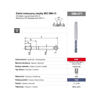 TAP M10 DIN-371C R40 (6H) HSSE-PM TiCN FAN sriegtuvas mašinoms